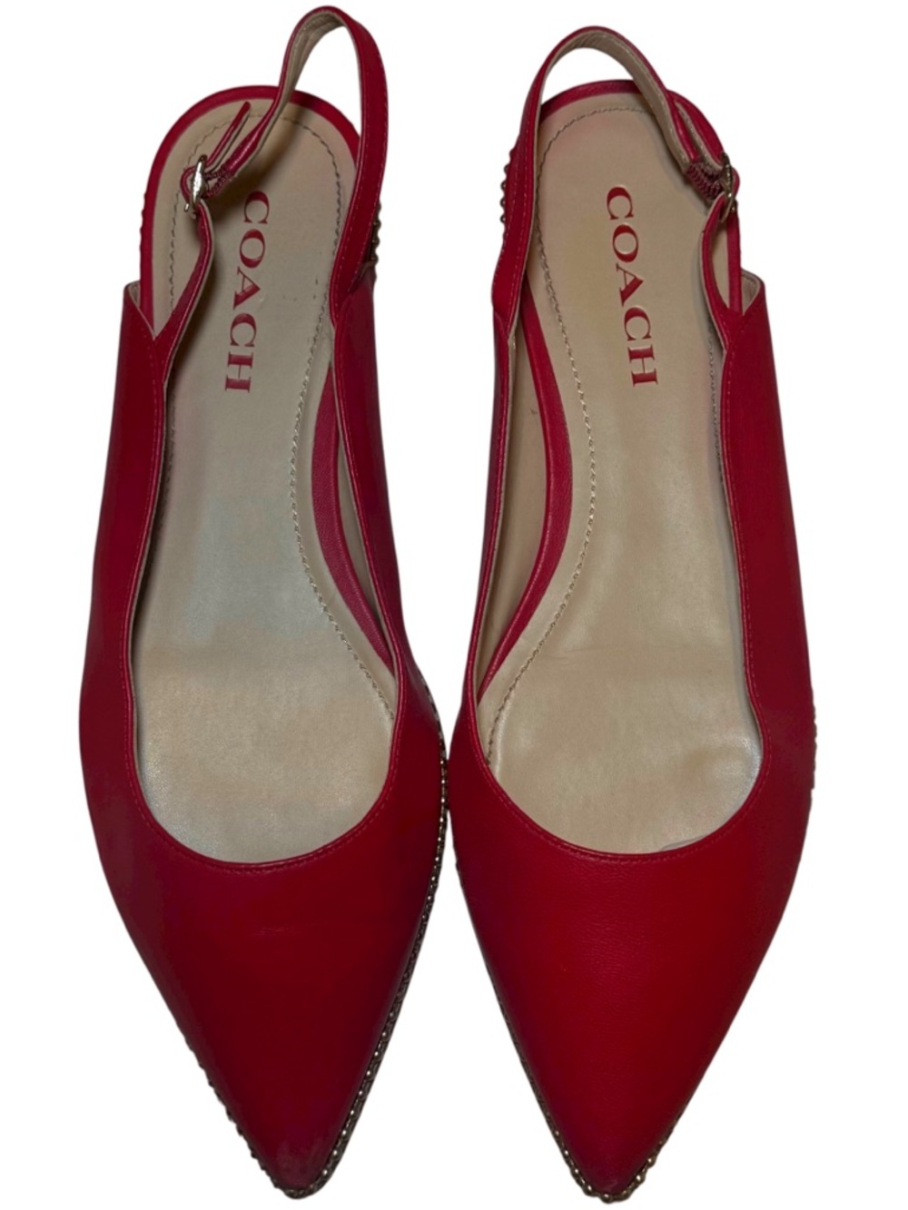Coach Red Leather Slingback Flats Pointed Toe Stud Trim Size 8.5
